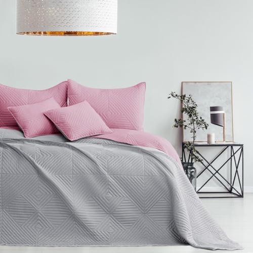 Bettüberwürf 260 x 280 cm rosa-grau Tagesdecke zweiseitig Ultrasonic Steppung von texpot