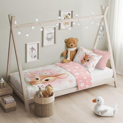 texpot Kinderbettwäsche Set 100 x 135 + 40 x 60 cm mit Druckmotiv REH 100% Baumwolle Reißverschluss pflegeleicht von texpot