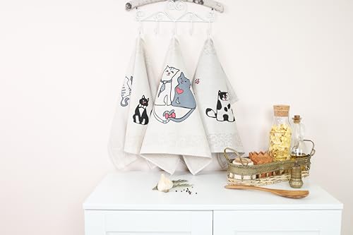 textile idea - Set mit 3 Geschirrtücher Halbleinen 46x60 cm, Küchentücher, Kleine Handtücher 60% Leinen, 40% Baumwolle, Handtuch mit Aufhänger - Katzen, 3 STK. von textile idea