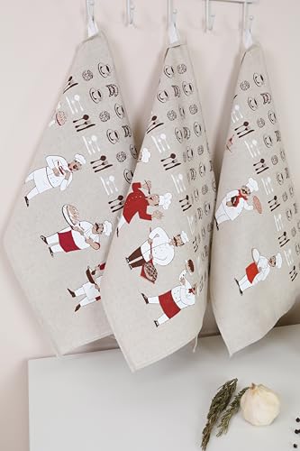 textile idea - Set mit 3 Geschirrtücher Halbleinen 46x60 cm, Küchentücher, Kleine Handtücher 60% Leinen, 40% Baumwolle, Handtuch mit Aufhänger - Köche, 3 STK. von textile idea