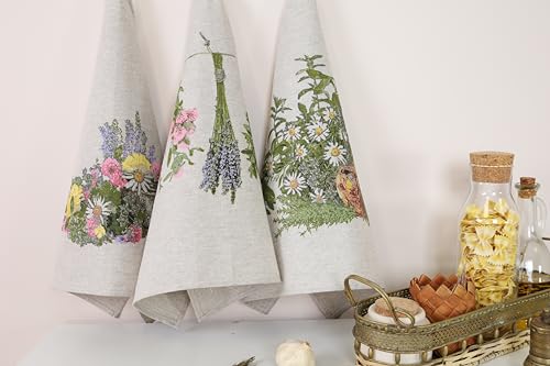 textile idea - Set mit 3 Geschirrtücher Halbleinen 46x60 cm, Küchentücher, Kleine Handtücher 60% Leinen, 40% Baumwolle, Handtuch mit Aufhänger - Kräuter, 3 STK. von textile idea