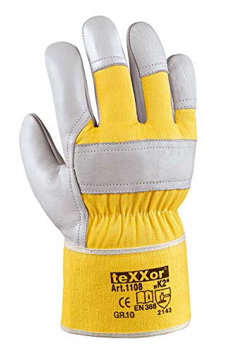 (12 Paar) teXXor Handschuhe TOP Rindvollleder-Handschuhe K2 12 x Leder Natur/Drell gelb 10 von texxor