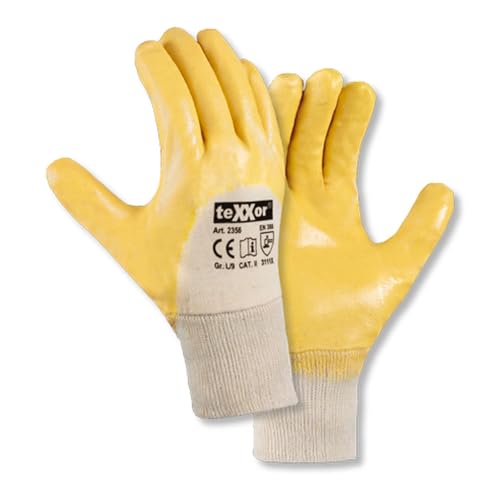 texxor 12 Stück Nitril-Handschuhe 2356, Strickbund, Packung, natur-gelb, 10/XL, Nitrilhandschuhe, Strickbundhandschuhe, Arbeitshandschuhe von texxor