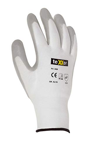 texxor (12 Paar) Handschuhe Nylon-Strickhandschuhe NITRIL BESCHICHTET 12 x weiß/grau XL/10 von texxor