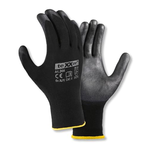 texxor 12 Stück Polyester-Strickhandschuhe 2404, PU beschichtet, Packung, schwarz, 11/XXL von texxor