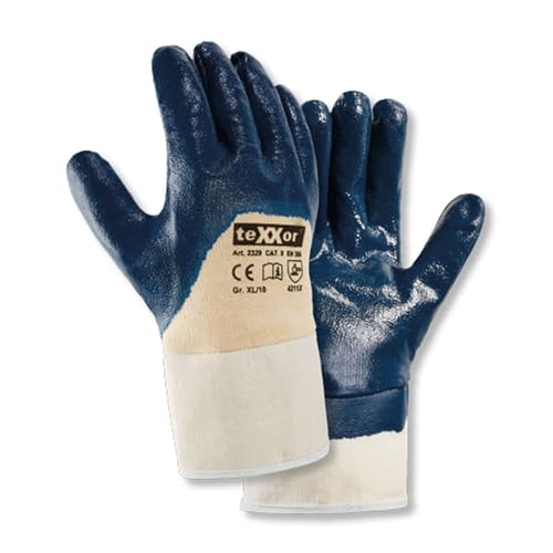 texxor 12 Stück Nitril-Handschuhe 2329, Stulpe, Packung, natur-dunkelblau, 11/XXL, Nitrilhandschuhe, Arbeitshandschuhe, Strickgewebehandschuhe von texxor