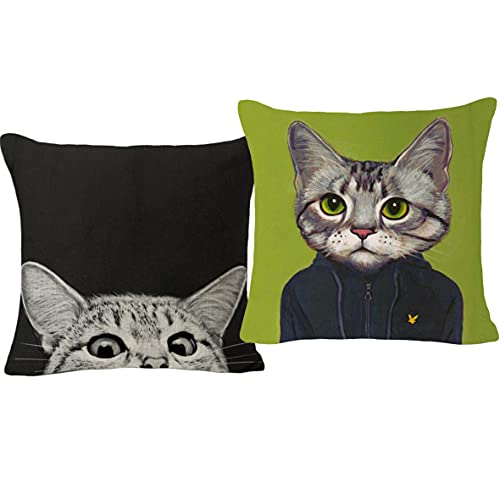 thb Richter Kissenbezug 45 x 45 cm Leinen Katze Cat Kissenhülle Kopfkissenbezug für Zuhause und Sofa Schlafzimmer Dekoration Dekokissenhülle mit verstecktem Reißverschluss Quadratisch (2er Set - B) von thb Richter