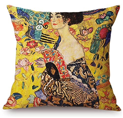 thb Richter Kissenhülle Kissenbezug Dekokissenhülle mit verstecktem Reißverschluss Quadratisch 45cm x 45cm Ölgemälde Vincent Van Gogh Malerei Gustav Klimt Gemälde Alfons Mucha Kunst (Dame mit Fächer) von thb Richter