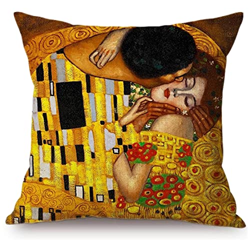 thb Richter Kissenhülle Kissenbezug Dekokissenhülle mit verstecktem Reißverschluss Quadratisch 45cm x 45cm Ölgemälde Vincent Van Gogh Malerei Gustav Klimt Gemälde Alfons Mucha Kunst (Der Kuss) von thb Richter