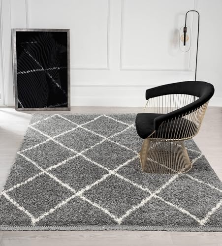 the carpet Bahar Shaggy Hochflor (35 mm) Langflor Wohnzimmer Teppich Rauten Muster Grau 120x170 cm von the carpet