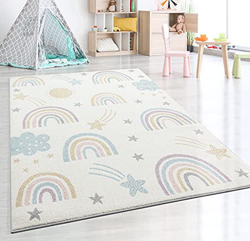 the carpet Beat Kids Moderner Weicher Kinderteppich, Weicher Flor, Pflegeleicht, Farbecht, Regenbogen Muster, Creme-Mix, 80 x 150 cm von the carpet