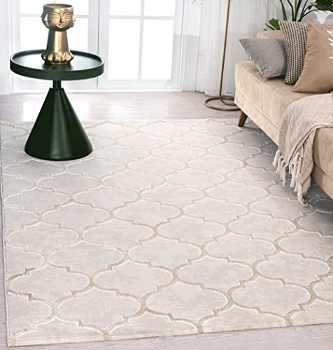 the carpet Knight Eleganter, Hochwertiger, Wohnzimmer Teppich, Softer Kurzflor, 3-D Effekt, Glänzende Design-Elemente, Hoch-Tief Struktur, Beige, 80 x 150 cm von the carpet