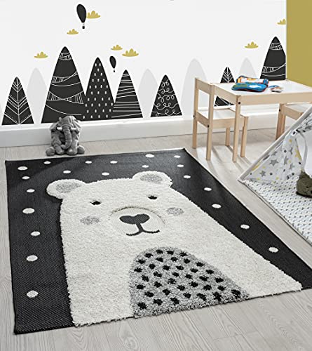 the carpet Lou Weicher Kuscheliger Kinderteppich, Weicher Kuschel-Flor, Pflegeleicht, Farbecht, 3D Optik, Bären Motiv,Creme-Schwarz, 120 x 170 cm von the carpet