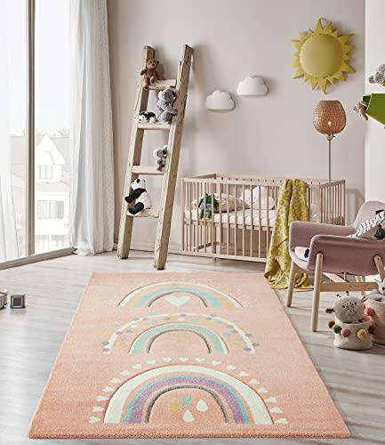 the carpet Monde Kids Moderner Weicher Kinderteppich, Weicher Flor, Pflegeleicht, Farbecht, Lebendige Farben, Regenbogen Muster, Rosa, 160 x 230 cm von the carpet