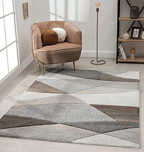 the carpet Monde Moderner Designer Wohnzimmer Teppich, Weicher Kurzflor, Hoch Tief Effekt, handgearbeiteter Konturenschnitt, 3D, Vintage, Wellen Muster, Grau-Beige, 80 x 150 cm von the carpet