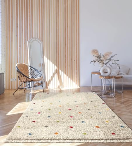 the carpet Bahar Shaggy Hochflor (35 mm) Langflor Wohnzimmer Teppich Punkt Muster Creme-Bunt 80 x 150 cm von the carpet
