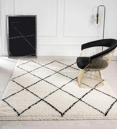 the carpet Bahar Shaggy Hochflor (35 mm) Langflor Wohnzimmer Teppich Rauten Muster Creme-Schwarz 080x250 cm von the carpet