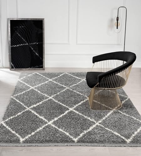 the carpet Bahar Shaggy Hochflor (35 mm) Langflor Wohnzimmer Teppich Rauten Muster Grau 200x290 cm von the carpet