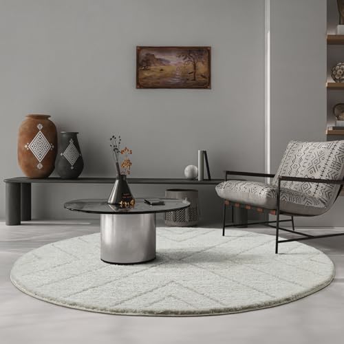 the carpet Bahar Shaggy eleganter Designer Teppich Wohnzimmer, weicher & pflegeleichter Hochflor Wohnzimmerteppich in Creme-Raute 160 cm Rund the carpet Bahar Shaggy eleganter Designer Teppich Wohnzimmer, weicher & pflegeleichter Hochflor Wohnzimmerteppich in Creme-Raute 160 cm Rund von the carpet