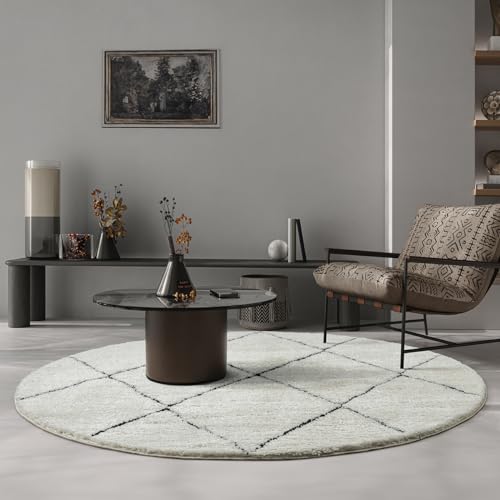 the carpet Bahar Shaggy eleganter Designer Teppich Wohnzimmer, weicher & pflegeleichter Hochflor Wohnzimmerteppich in Creme-Schwarz 160 cm Rund von the carpet