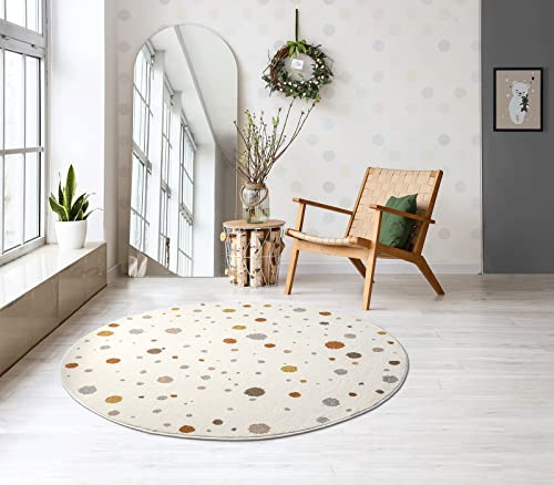 the carpet Beat Kids Moderner Weicher Kinderteppich, Weicher Flor, Pflegeleicht, Farbecht, Punkte Muster, Creme, 120 cm Rund von the carpet