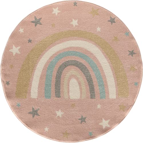 the carpet Beat Kids Moderner Weicher Kinderteppich, Weicher Flor, Pflegeleicht, Farbecht, Regenbogen Muster, Rosa, 120 cm Rund von the carpet