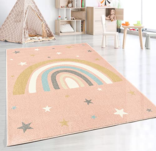 the carpet Beat Kids Moderner Weicher Kinderteppich, Weicher Flor, Pflegeleicht, Farbecht, Regenbogen Muster, Rosa, 120 x 170 cm von the carpet