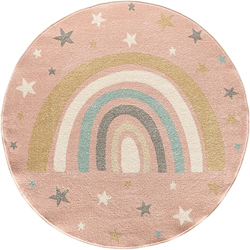 the carpet Beat Kids Moderner Weicher Kinderteppich, Weicher Flor, Pflegeleicht, Farbecht, Regenbogen Muster, Rosa, 160 cm Rund von the carpet