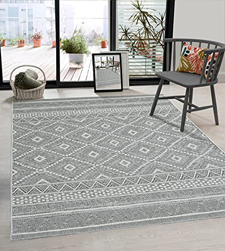 the carpet Calgary - robuster Teppich, Flachgewebe, modernes Design, ideal für Küche und Esszimmer, Vintage-Optik, Boho-Style, besonders flach, auch für den Außenbereich, Grau-Raute, 67 x 180 cm von the carpet