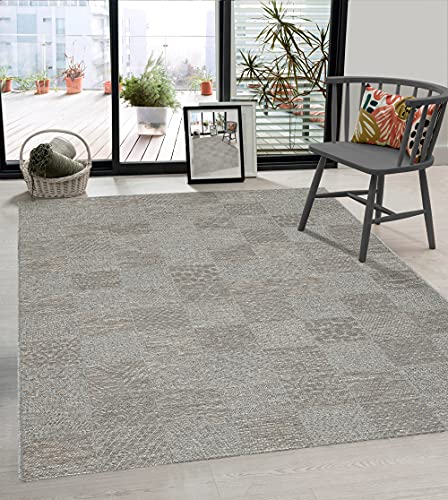 the carpet Calgary - robuster Teppich, Flachgewebe, modernes Design, ideal für Küche und Esszimmer, Vintage-Optik, Boho-Style, besonders flach, auch für den Außenbereich, Grau-Beige, 140 x 200 cm von the carpet