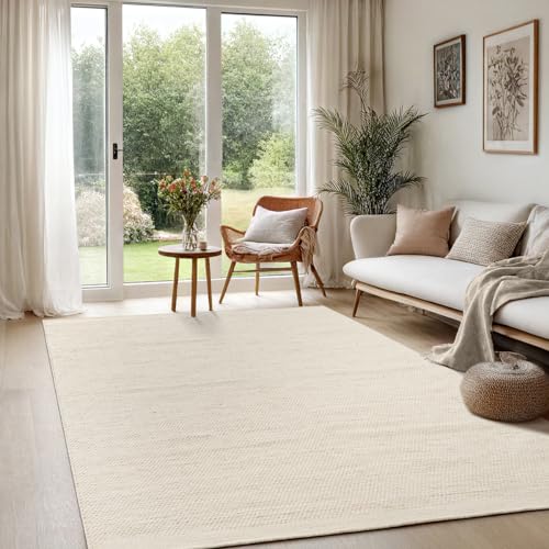 the carpet Deluxe Wool Handgewebter Wollteppich im natürlichen skandinavischen Boho-Look, Handarbeit für einen einzigartigen Stil, Creme Beige, 120 cm Rund von the carpet