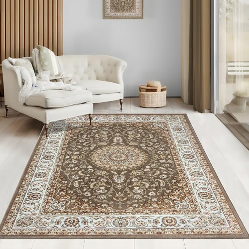 the carpet Elegant orientalischer Teppich Wohnzimmer, weicher & pflegeleichter Kurzflor Wohnzimmerteppich Beige in Orient-Optik, Teppich 80 x 150 cm von the carpet