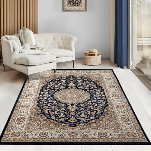 the carpet Elegant orientalischer Teppich Wohnzimmer, weicher & pflegeleichter Kurzflor Wohnzimmerteppich Blau in Orient-Optik, Teppich 120 x 170 cm von the carpet