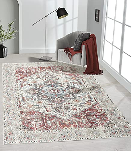 the carpet Elira Teppich, Flachgewebe, Robust, Modernes Design, Vintage Optik, Used Look, Superflach, Baumwolle, waschbar, Orientalisch, Cream, ca. 240 x 340 cm von the carpet