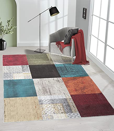 the carpet Elira Teppich Flachgewebe, Robust, Modernes Design, Vintage Optik, Used Look, Superflach, Baumwollrücken, waschbar, Patchwork, Bunt, ca. 200 x 290 cm von the carpet