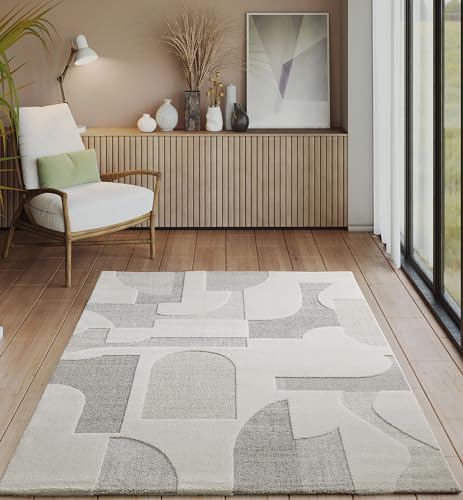 the carpet Everest - moderner Kurzflor mit Hoch-Tief-Effekt, 3D Effekt, hohe Flordichte und angenehm weich, Geometrisches Design, Creme, 140 x 200 cm von the carpet