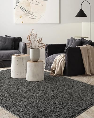 the carpet Foxy Shaggy Teppich - Hochflor Teppich Wohnzimmer & Schlafzimmer Rund - Waschbar & rutschfest - Anthrazit 120 x 120 cm von the carpet