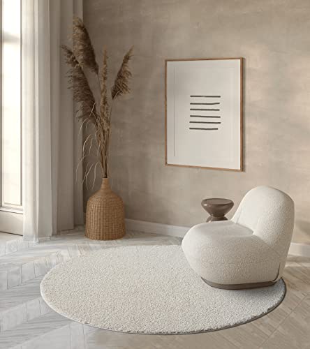 the carpet Grande Moderner Flauschiger Dichter Kurzflor Wohnzimmer Teppich, Supersoft Feeling, Elegant und Pflegeleicht, Creme, 120 cm Rund von the carpet