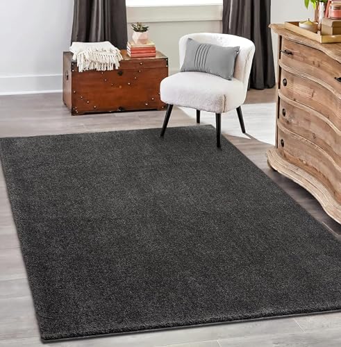 the carpet Grande Moderner Flauschiger Dichter Kurzflor Wohnzimmer Teppich, Supersoft Feeling, Melange Effekt, Eleganter Glanz, Anthrazit, 60 x 110 cm von the carpet