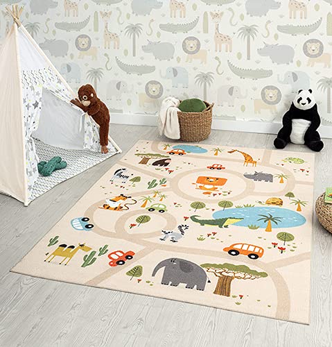 the carpet Happy Life Kinderzimmer, Kinderteppich, Spielteppich, Straßenteppich, Straße, Dschungel, Tiere, Auto, Beige, 80 x 150 cm von the carpet