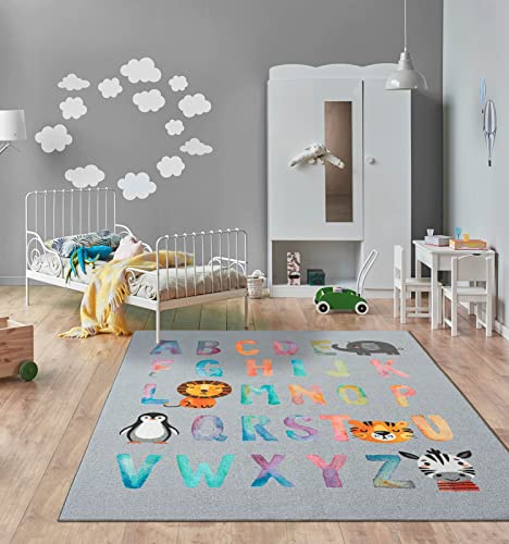 the carpet Happy Life Kinderzimmer, Kinderteppich, Spielteppich, Waschbar, Alphabet, Grau, 160 x 220 cm von the carpet