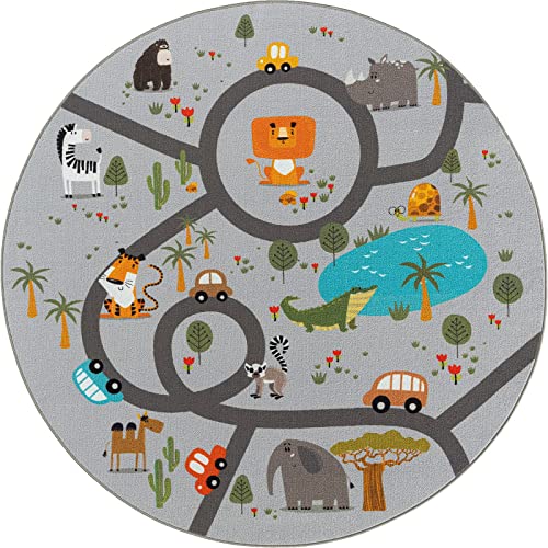 the carpet Happy Life Kinderzimmer, Kinderteppich, Spielteppich, Waschbar, Straßenteppich, Straße, Dschungel, Tiere, Auto, Grau, 160 cm Rund von the carpet