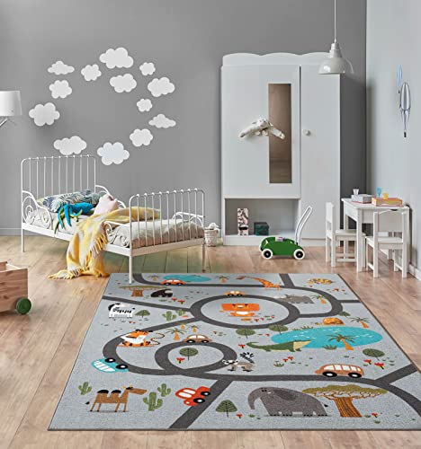 the carpet Happy Life Kinderzimmer, Kinderteppich, Spielteppich, Waschbar, Straßenteppich, Straße, Dschungel, Tiere, Auto, Grau, 200 x 290 cm von the carpet