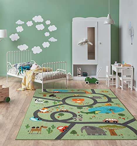 the carpet Happy Life Kinderzimmer, Kinderteppich, Spielteppich, Waschbar, Straßenteppich, Straße, Dschungel, Tiere, Auto, Grün, 120 x 160 cm von the carpet