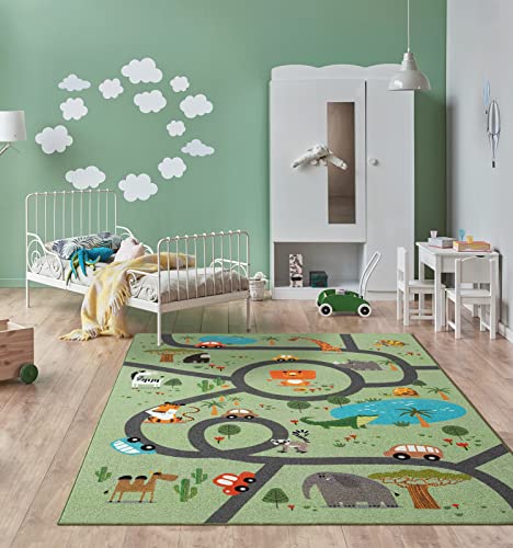 the carpet Happy Life Kinderzimmer, Kinderteppich, Spielteppich, Waschbar, Straßenteppich, Straße, Dschungel, Tiere, Auto, Grün, 200 x 290 cm von the carpet