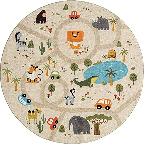 the carpet Happy Life Kinderzimmer, Kinderteppich, Spielteppich, Waschbar, Straßenteppich, Straße, Dschungel, Tiere, Auto, Rund, Beige, 160 cm Rund von the carpet