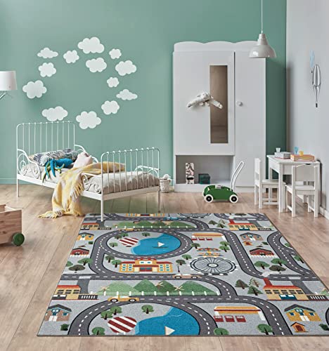 the carpet Happy Life Kinderzimmer, Kinderteppich, Spielteppich, Waschbar, Straßenteppich, Straße, Stadt, Auto, Grau, 120 x 160 cm von the carpet