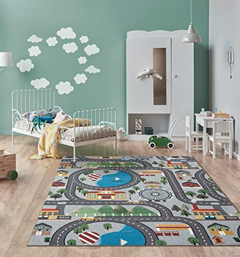 the carpet Happy Life Kinderzimmer, Kinderteppich, Spielteppich, Waschbar, Straßenteppich, Straße, Stadt, Auto, Grau, 160 x 220 cm von the carpet