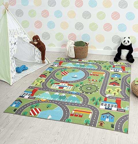 the carpet Happy Life Kinderzimmer, Kinderteppich, Spielteppich, Waschbar, Straßenteppich, Straße, Stadt, Auto, Grün, 200 x 290 cm von the carpet