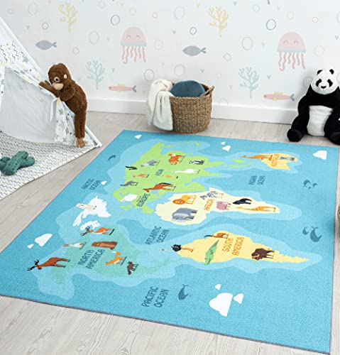 the carpet Happy Life Kinderzimmer, Kinderteppich, Spielteppich, Waschbar, Weltkarte, Erde, Tiere, Blau, 140 x 200 cm von the carpet
